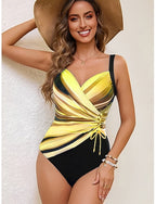 One Piece Swimsuit Slimming Ruched Briefs Vacation Graphic Geometic V Neck Sleeveless Bathing Suits