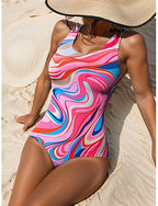 One Piece Swimsuit Slimming Monokini High Cut Tummy Control High Waist Slim Backless Vacation Graphic U Neck Sleeveless Bathing Suits