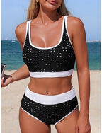 Swimwear Bikini 2 Piece High Waist Swimsuit Slim Backless Vacation Beach Wear Color Polka Dot Scoop Neck Sleeveless Bathing Suits