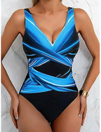 One Piece Swimsuit Slimming Ruched Colorblock Briefs Active Vacation V Neck Sleeveless Bathing Suits