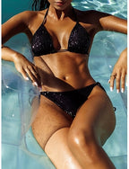 Bikini 2 Piece Swimsuit Underwire Cheeky Slim Backless Vacation Beach Wear Color Halter Neck Sleeveless Bathing Suits
