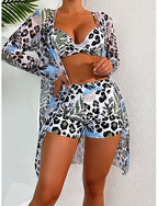 Bikini 3 Piece Swimsuit Underwire Leopard Shorts Slim Backless Vacation Beach Wear V Neck Sleeveless Bathing Suits