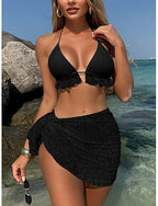 Bikini 3 Piece Swimsuit Underwire Skirt Slim Backless Vacation Beach Wear Color Halter Neck Sleeveless Bathing Suits