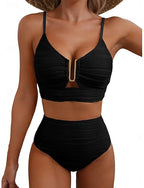 Swimwear Bikini 2 Piece High Waist Swimsuit Ruched Backless Vacation Beach Wear Plain V Neck Sleeveless Bathing Suits
