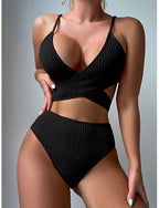 Bikini 2 Piece Swimsuit Briefs Slim Backless Vacation Beach Wear Color V Neck Sleeveless Bathing Suits