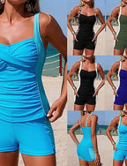 Ruched Tankini Bathing Suit 2 Pieces Color-blocking Tummy Control Elastic Sleeveless Swimwear Surfing Beach Vacation Summer