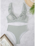 Swimwear Bikini 2 Piece Briefs Swimsuit Ruffle Slim Backless Vacation Beach Wear Striped V Neck Sleeveless Bathing Suits