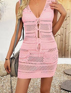 Swimwear 2 Piece Skirt Swimsuit Cut Out Knitted Vacation Beach Wear Plain V Neck Sleeveless Bathing Suits