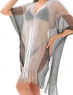 Swimwear Cover Up Swimsuit Fringe Hem Cut Out Vacation Beach Wear Ombre V Neck Short Sleeves Bathing Suits