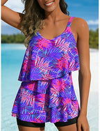 Swimwear Tankini 2 Piece High Waist Swimsuit Tummy Control High Waist Slim Backless Vacation Beach Wear Tropical U Neck Sleeveless Bathing Suits