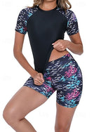 Rash Guard Bathing Suit 2 Pieces Printed Ultra Light (ul) Uv Protection Elastic Short Sleeve Swimwear Surfing Snorkeling Spring