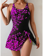One Piece Swimsuit With Skirt Monokini High Cut Tummy Control High Waist Slim Backless Vacation Graphic U Neck Sleeveless Bathing Suits
