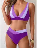Bikini 2 Piece Swimsuit Colorblock Cheeky Slim Backless Vacation Beach Wear Color Block V Neck Sleeveless Bathing Suits