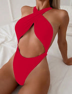 Swimwear One Piece Bikini Shorts Swimsuit Backless Vacation Beach Wear Color Round Neck Sleeveless Bathing Suits