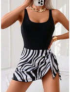 One Piece Swimsuit Swim Dress Tummy Control Open Back Swimwear Leopard Print Swimwear Black White Breathable Quick Dry Lightweight Sleeveless - Swimming Surfing Beach Summer Spring
