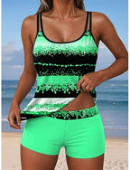 Tankini 2 Piece Swimsuit Shorts Backless Vacation Beach Wear Graphic Geometric U Neck Sleeveless Bathing Suits