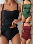 Swimwear Tankini 2 Piece High Waist Swimsuit Tummy Control High Waist Slim Backless Vacation Beach Wear Color Scoop Neck Sleeveless Bathing Suits