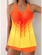 Tankini 2 Piece Swimsuit Colorblock Shorts Tummy Control High Waist Slim Backless Vacation Beach Wear Ombre Geometric V Neck Sleeveless Bathing Suits