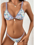 Bikini 2 Piece Swimsuit Thong Slim Backless Vacation Beach Wear Graphic V Neck Sleeveless Bathing Suits