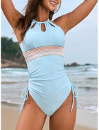 One Piece Swimsuit Slimming Ruched Cutout Colorblock Monokini Tummy Control High Waist Slim Backless Vacation Beach Wear Color Halter Neck Sleeveless Bathing Suits