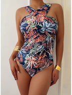Swimwear One Piece Monokini Swimsuit Tummy Control High Waist Slim Backless Vacation Tropical Graphic Halter Neck Sleeveless Bathing Suits