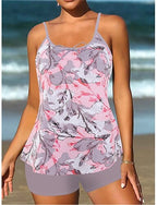 Tankini 2 Piece Swimsuit Shorts Tummy Control High Waist Slim Backless Vacation Beach Wear Paisley U Neck Sleeveless Bathing Suits