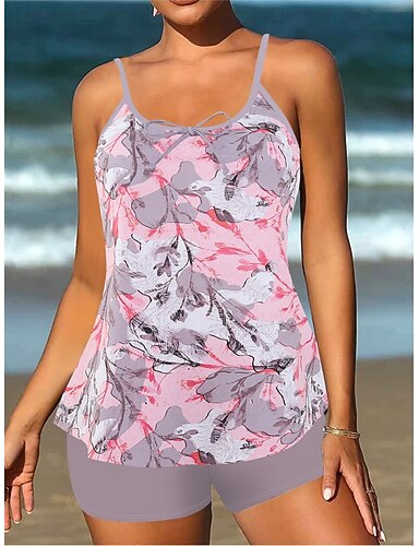 Tankini 2 Piece Swimsuit Shorts Tummy Control High Waist Slim Backless Vacation Beach Wear Paisley U Neck Sleeveless Bathing Suits