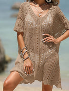 Swimwear Cover Up Swim Dress Swimsuit Crochet Vacation Beach Wear Color V Neck Short Sleeves Bathing Suits