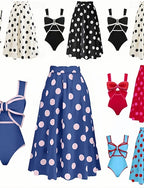 One Piece Swimsuit Monokini Skirt Tummy Control High Waist Slim Backless Vacation Beach Wear Polka Dot V Neck Sleeveless Bathing Suits