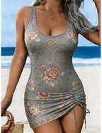 Swimwear Tankini 2 Piece Skirt Swimsuit Drawstring Vacation Scoop Neck Sleeveless Bathing Suits