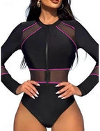 One Piece Swimsuit Zip Front Monokini Tummy Control High Waist Slim Vacation Beach Wear Color High Neck Long Sleeve Bathing Suits