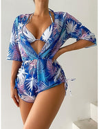 Bikini 3 Piece Swimsuit Palm Cheeky Slim Backless Vacation Beach Wear Color Block V Neck Sleeveless Long Sleeve Bathing Suits