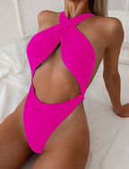 Swimwear One Piece Bikini Shorts Swimsuit Backless Vacation Beach Wear Color Round Neck Sleeveless Bathing Suits