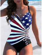 Independence Day Swimwear One Piece High Cut Swimsuit Vacation Graphic Flag V Neck Sleeveless Bathing Suits