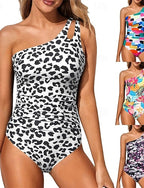 One Piece Swimsuit One Shoulder Swimwear Leopard Print Swimwear White Blue Breathable Quick Dry Sleeveless - Swimming Surfing Snorkeling Summer