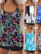Swimwear 2 Piece Shorts Swimsuit Backless Vacation Beach Wear Graphic U Neck Sleeveless Bathing Suits
