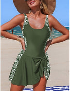 Swimwear One Piece Swim Dress Swimsuit Tummy Control High Waist Slim Backless Vacation Beach Wear Leopard Stripe Scoop Neck Sleeveless Bathing Suits