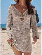 Swimwear Cover Up Swim Dress Dress Swimsuit Cutout Vacation Beach Wear Plain V Neck Long Sleeve Bathing Suits