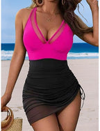 One Piece Swimsuit Slimming Ruched Cutout With Skirt Monokini Mesh Tummy Control High Waist Slim Vacation Beach Wear Color V Neck Sleeveless Bathing Suits
