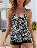 Swimwear Tankini 2 Piece Shorts Swimsuit Tummy Control High Waist Slim Backless Vacation Beach Wear Graphic V Neck Sleeveless Bathing Suits