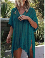 Swimwear Cover Up Swim Dress Swimsuit Cut Out Vacation Beach Wear Color V Neck Short Sleeves Bathing Suits