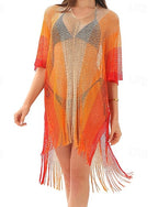 Swimwear Cover Up Swimsuit Fringe Hem Cut Out Vacation Beach Wear Ombre V Neck Short Sleeves Bathing Suits
