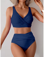 Swimwear Bikini 2 Piece Swimsuit Ruched Backless Vacation Beach Wear Plain V Neck Sleeveless Bathing Suits