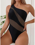 One Piece Swimsuit Cutout Monokini Tummy Control High Waist Slim Backless Vacation Beach Wear Color Block Asymmetric Neck Sleeveless Bathing Suits