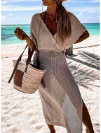 Cover Up Swimsuit Dress Cut Out Knit Vacation Beach Wear Color V Neck Short Sleeves Bathing Suits