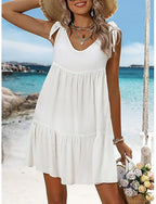 Swimwear Cover Up Swim Dress Dress Swimsuit Ruched Vacation Beach Wear Plain V Neck Sleeveless Bathing Suits