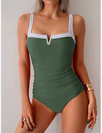 One Piece Swimsuit Slimming Ruched Underwire Colorblock Monokini Tummy Control High Waist Slim Backless Vacation Beach Wear Color V Neck Sleeveless Bathing Suits