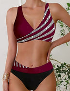 Tankini Two Piece Swimsuit V Neck Swimwear Stripes Swimwear Black Wine Breathable Quick Dry Lightweight Sleeveless - Swimming Surfing Beach Summer Spring