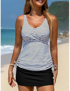 Swimwear Tankini 2 Piece Skirt Swimsuit Tummy Control High Waist Slim Backless Vacation Beach Wear Striped V Neck Sleeveless Bathing Suits