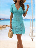 Cover Up Swimsuit Dress Cut Out Vacation Beach Wear Color V Neck Short Sleeves Bathing Suits